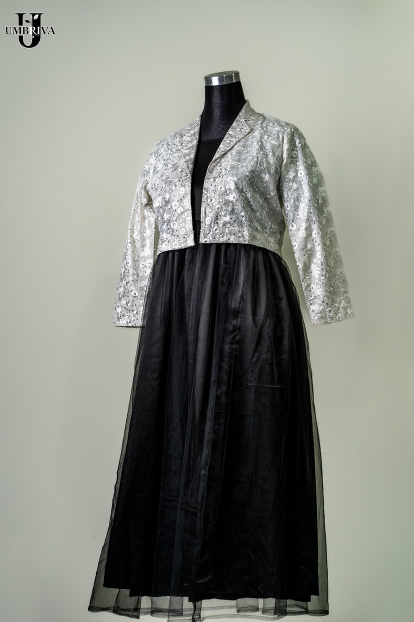 Elegant Black Gown with Silver Sequin Jacket