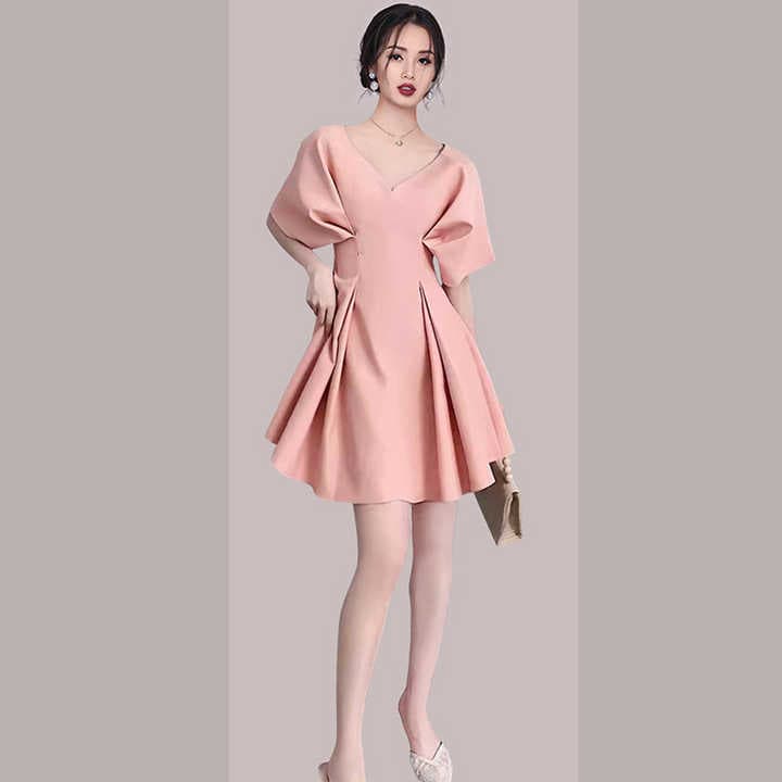 Slim Ruffled Mini Length Cute Ladies pink Dress