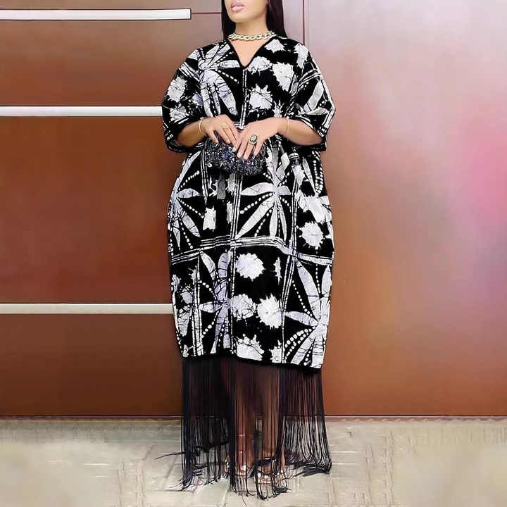 PROMISTAR Best-Selling Plus Size Women's V Neck Tassel Dress Casual Floral Print